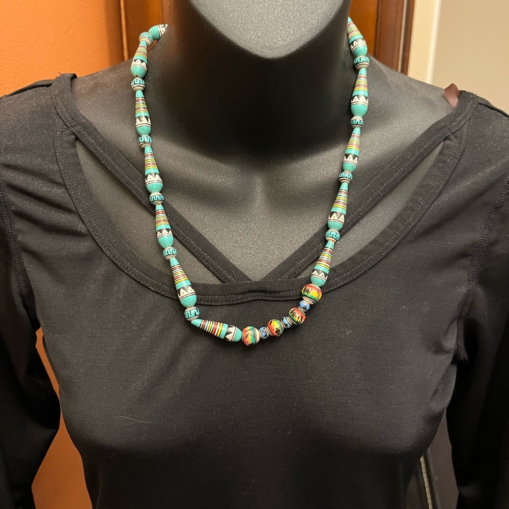 1980s Vintage Peruvian Turquoise Blue Beaded Llama Necklace